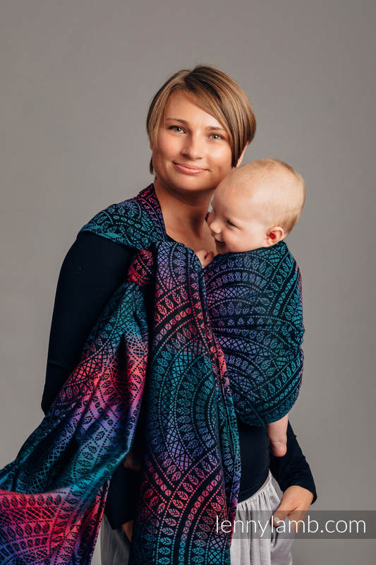 Baby Wrap, Jacquard Weave (60% cotton, 28% Merino wool, 8% silk, 4% cashmere) - PEACOCK'S TAIL - BLACK OPAL - size XL #babywearing