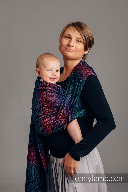 Baby Wrap, Jacquard Weave (60% cotton, 28% Merino wool, 8% silk, 4% cashmere) - PEACOCK'S TAIL - BLACK OPAL - size M #babywearing
