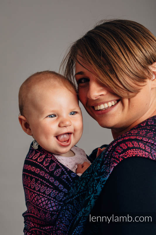 Baby Wrap, Jacquard Weave (60% cotton, 28% Merino wool, 8% silk, 4% cashmere) - PEACOCK'S TAIL - BLACK OPAL - size S #babywearing