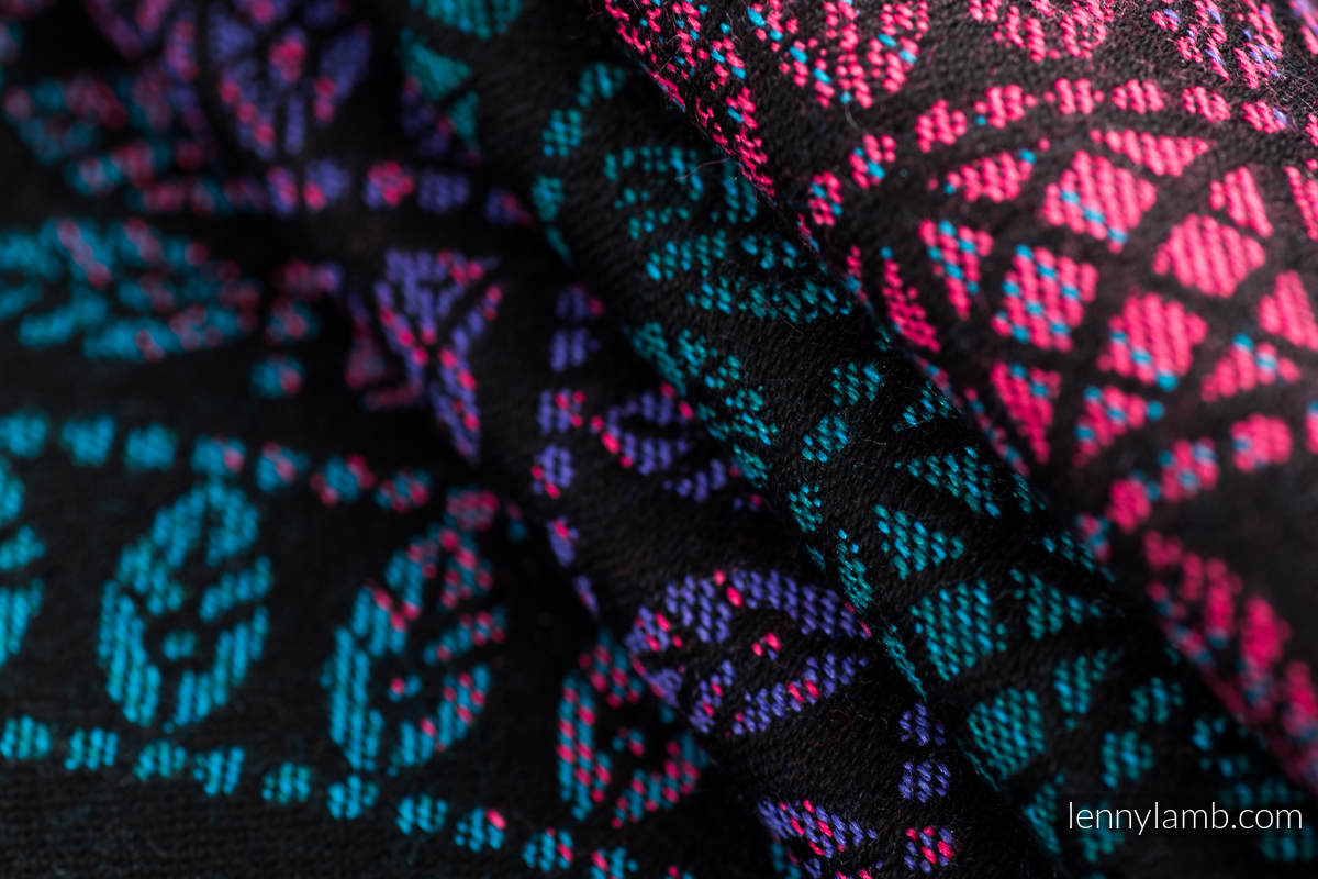 Fascia portabebè, tessitura Jacquard (60% cotone, 28% lana merinos, 8% seta, 4% cashmere) - PEACOCK'S TAIL - BLACK OPAL - taglia XS #babywearing