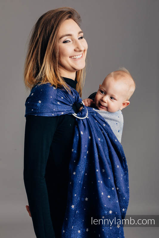 Żakardowa chusta kółkowa do noszenia dzieci, 96% bawełna, 4% przędza metalizowana, ramię bez zakładek - MIGOCZĄCE GWIAZDY - long 2.1m #babywearing