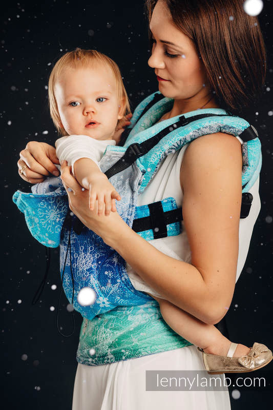 Porte-bébé ergonomique, taille bébé, jacquard 96% coton, 4% fil métallisé, SNOW QUEEN - MAGIC LAKE - Deuxième génération #babywearing