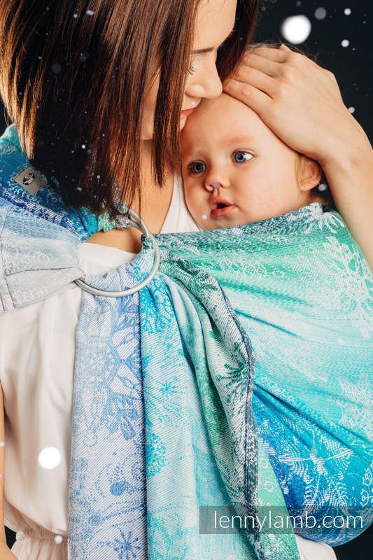 Żakardowa chusta kółkowa do noszenia dzieci, 96% bawełna, 4% przędza metalizowana - KRÓLOWA ŚNIEGU - MAGICZNE JEZIORO - long 2.1m #babywearing