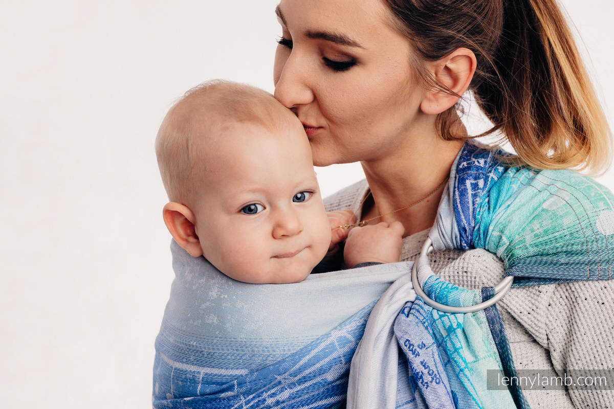 Żakardowa chusta kółkowa do noszenia dzieci, bawełna, ramię bez zakładek - SYMFONIA ZORZA POLARNA - long 2.1m #babywearing