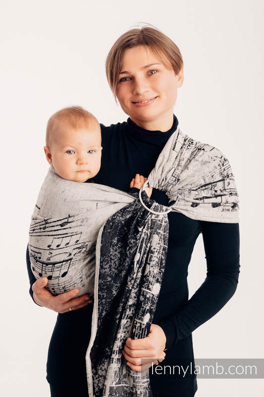 Żakardowa chusta kółkowa do noszenia dzieci, (96% bawełna, 4% przędza metalizowana), ramię bez zakładek - SYMFONIA LŚNIĄCY PYŁ - standard 1.8m #babywearing