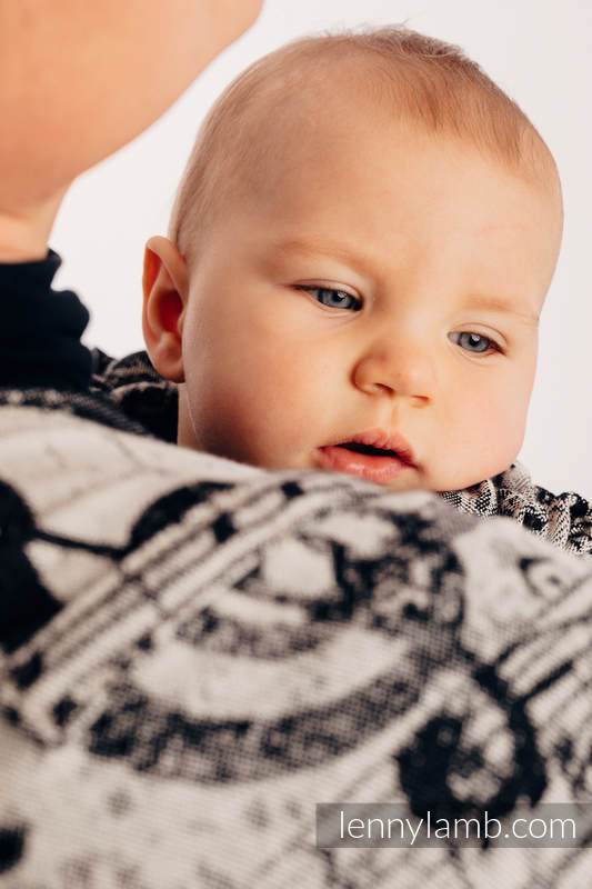 Nosidełko dla dzieci WRAP-TAI MINI, (96% bawełna, 4% przędza metalizowana), splot żakardowy, z kapturkiem - SYMFONIA LŚNIĄCY PYŁ #babywearing