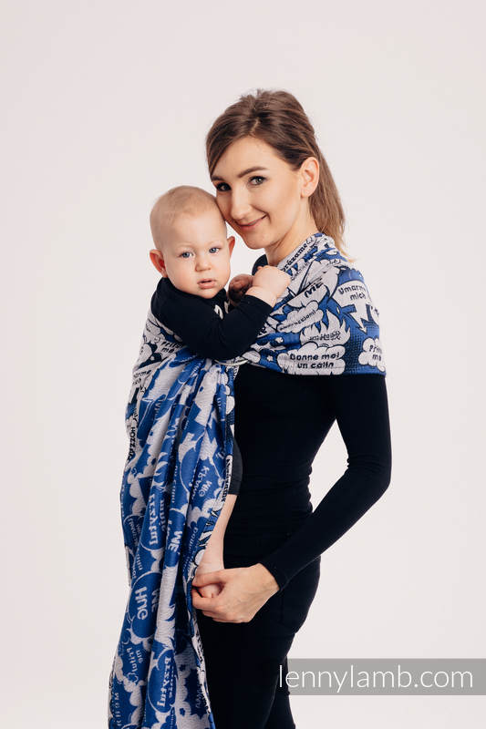 Żakardowa chusta kółkowa do noszenia dzieci, (100% bawełna), ramię bez zakładek - PRZYTUL MNIE - NIEBIESKI - long 2.1m #babywearing
