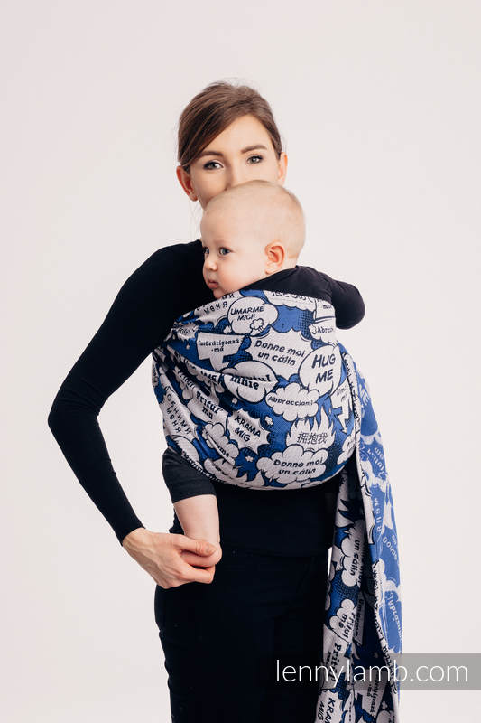 Chusta kółkowa, splot żakardowy, (100% bawełna) - PRZYTUL MNIE - NIEBIESKI - standard 1.8m #babywearing