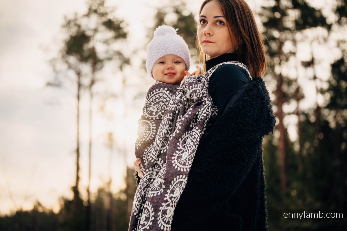 Żakardowa chusta do noszenia dzieci, 74% Bawełna 26% Jedwab - FOLKOWE SERCA - NOSTALGIA - rozmiar XS #babywearing