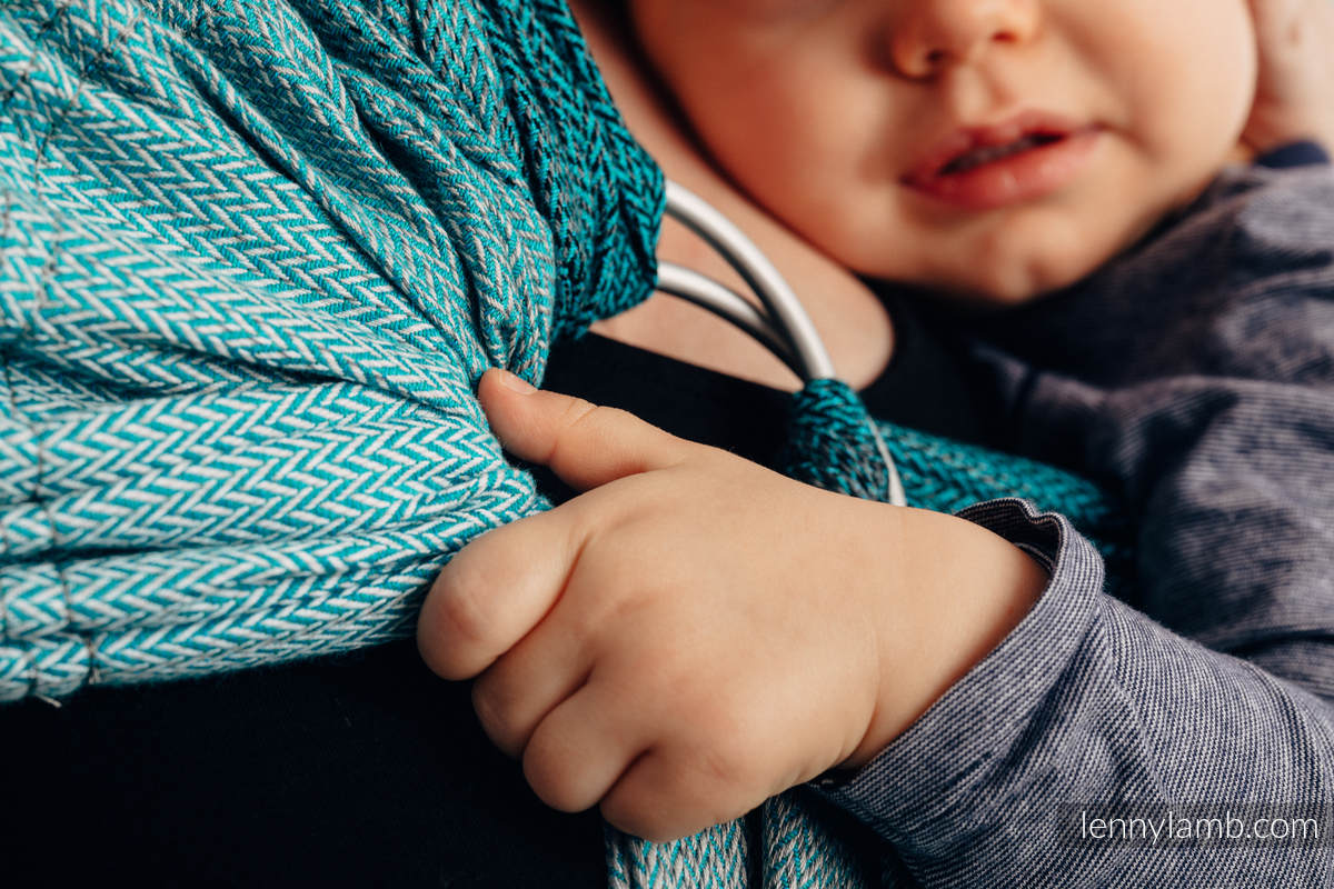 Bandolera de anillas, tejido espiga (100% algodón) - LITTLE HERRINGBONE OMBRE TEAL  - long 2.1m #babywearing