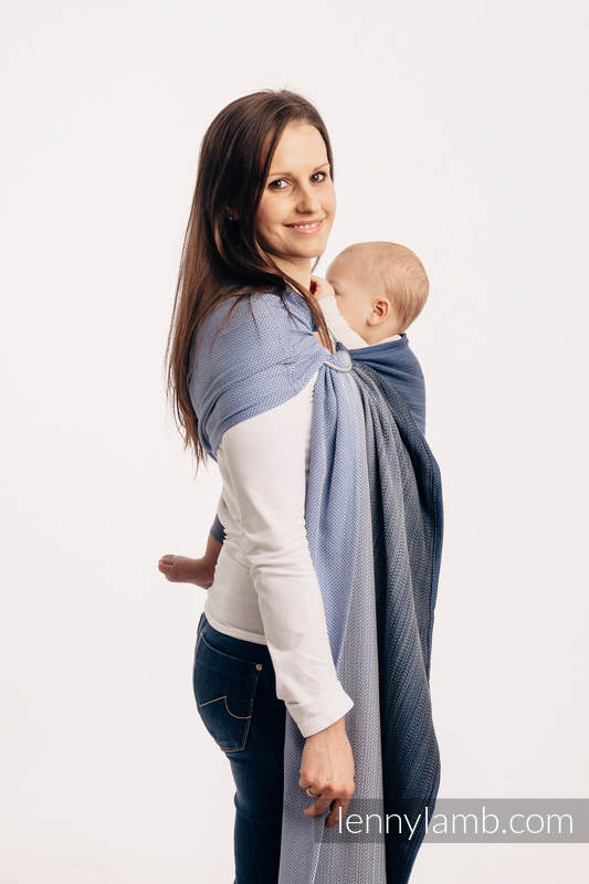 Chusta kółkowa do noszenia dzieci, splot jodełkowy, bawełna, ramię bez zakładek - MAŁA JODEŁKA OMBRE NIEBIESKI - long 2.1m #babywearing