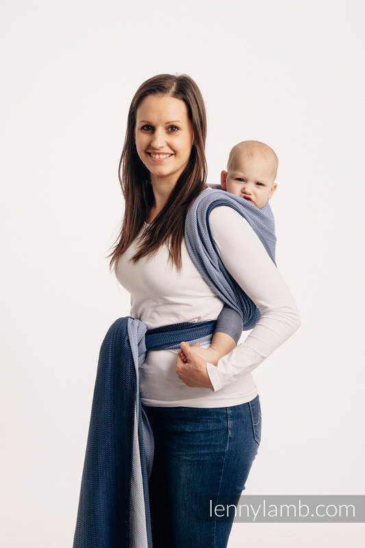 Chusta do noszenia dzieci, tkana splotem jodełkowym, bawełna - MAŁA JODEŁKA OMBRE NIEBIESKI - rozmiar XL #babywearing