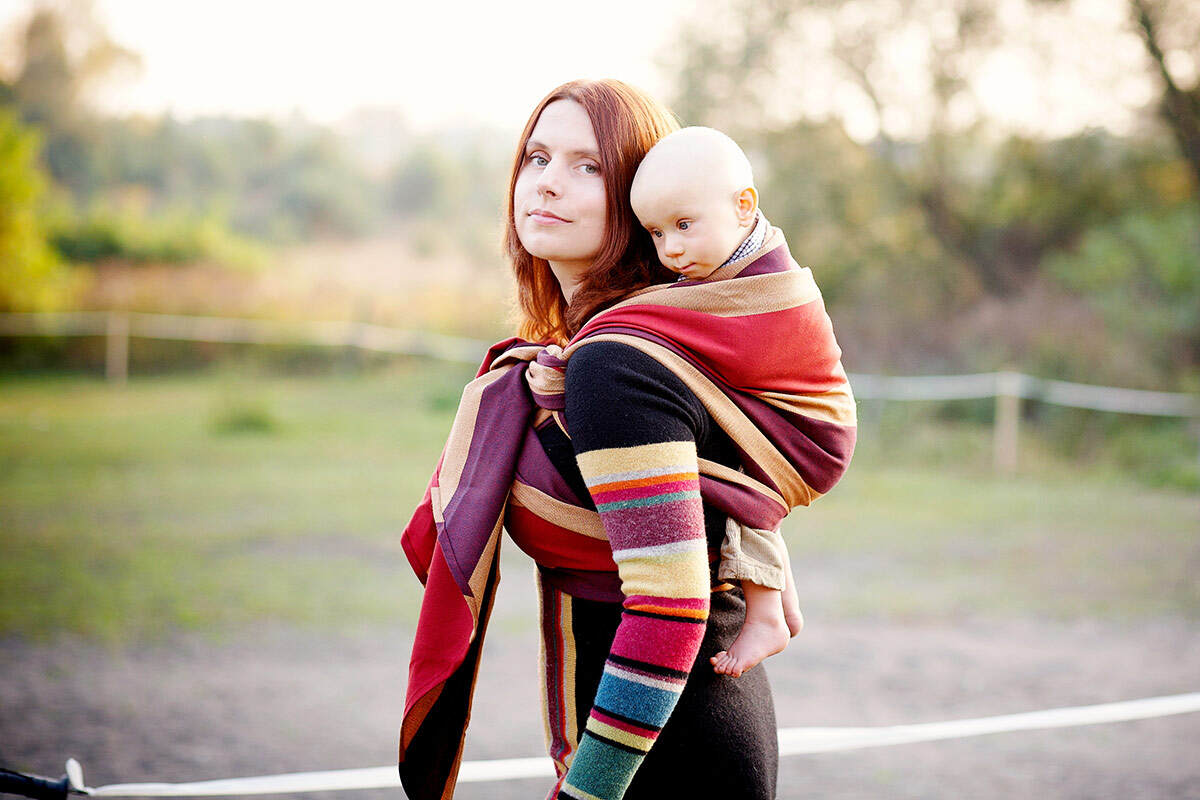 Chusta do noszenia dzieci, tkana splotem skośno-krzyżowym, bawełna z wełną - Klon - rozmiar L #babywearing