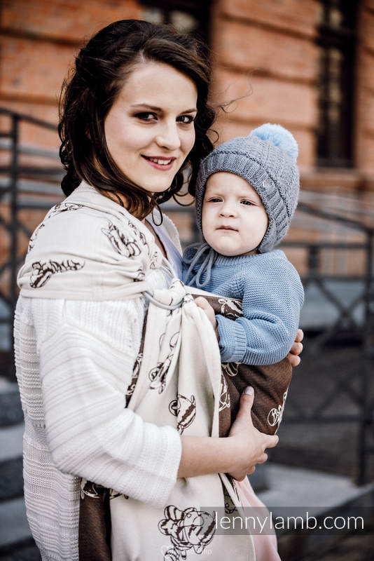 Żakardowa chusta kółkowa do noszenia dzieci, bawełna - KOTEK MARYSI - BRĄZ Z KREMEM - long 2.1m #babywearing