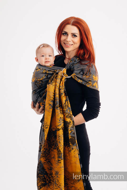 Żakardowa chusta kółkowa do noszenia dzieci, 100% bawełna - WAWA - Szary z Musztardą  - long 2.1m (drugi gatunek) #babywearing