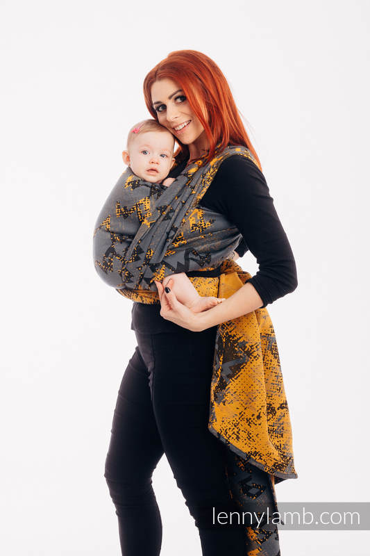 Żakardowa chusta do noszenia dzieci, bawełna - WAWA - Szary z Musztardą  - rozmiar XL (drugi gatunek) #babywearing