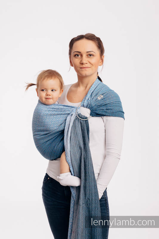 Żakardowa chusta kółkowa do noszenia dzieci, bawełna, ramię bez zakładek - BIG LOVE - OMBRE BŁĘKIT - long 2.1m (drugi gatunek) #babywearing