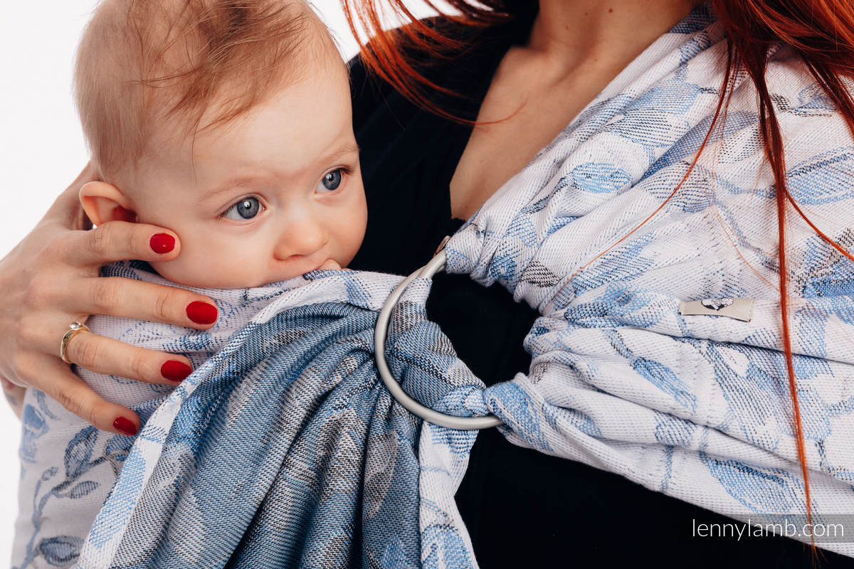 Fascia ad anelli, tessitura Jacquard (100% cotone), spalla aperta - MAGNOLIA BLUE OPAL - taglia lunga 2.1m  #babywearing