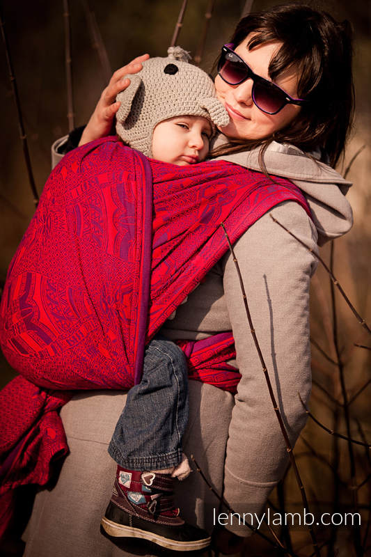 Żakardowa chusta do noszenia dzieci, bawełna - Koty Purpurowy z Czerwienią - rozmiar L (drugi gatunek) #babywearing