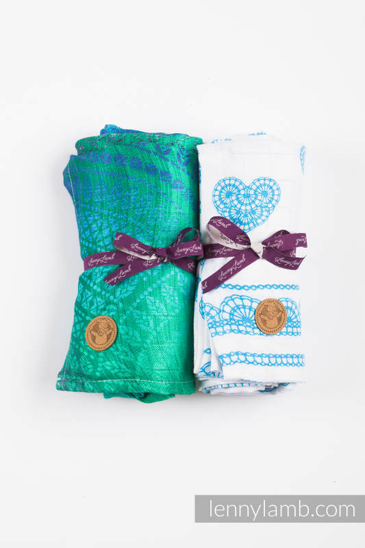Swaddle Blanket Set - PEACOCK'S TAIL FANTASY, ICED LACE TURQUOISE&WHITE #babywearing