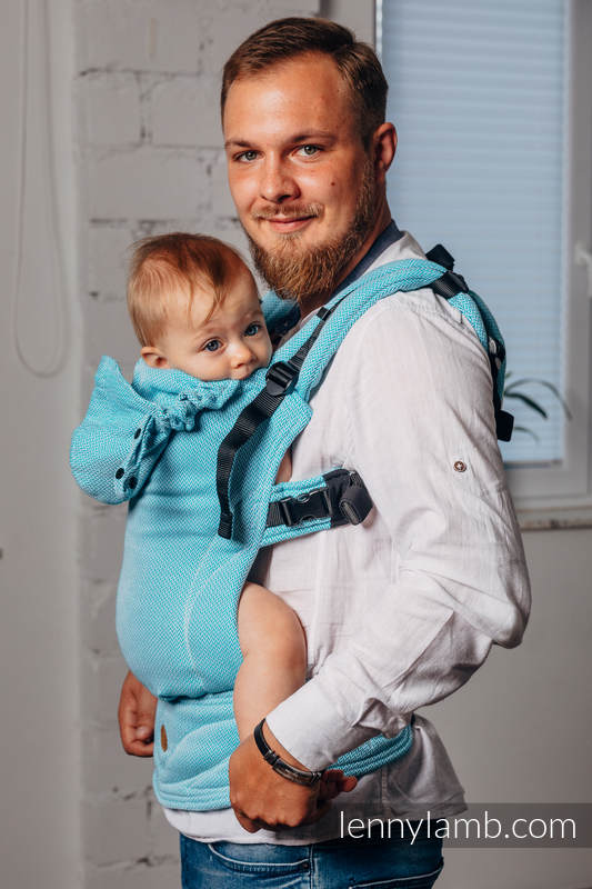 LennyGo Meine Erste Ergonomische Tragehilfe - LITTLE HERRINGBONE TURQUOISE, Größe Baby, Fischgrätmuster, 100% Baumwolle  #babywearing