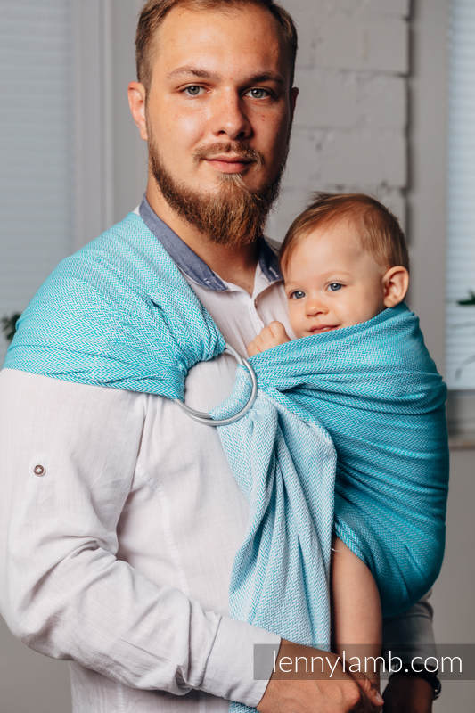 Chusta kółkowa do noszenia dzieci, tkana splotem jodełkowym, bawełna, ramię bez zakładek - MAŁA JODEŁKA TURKUS  - standard 1.8m (drugi gatunek) #babywearing