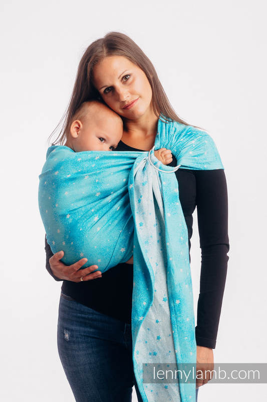 Żakardowa chusta kółkowa do noszenia dzieci, 96% bawełna, 4% przędza metalizowana, ramię bez zakładek - MIGOCZĄCE GWIAZDY - PERSEIDY - long 2.1m #babywearing