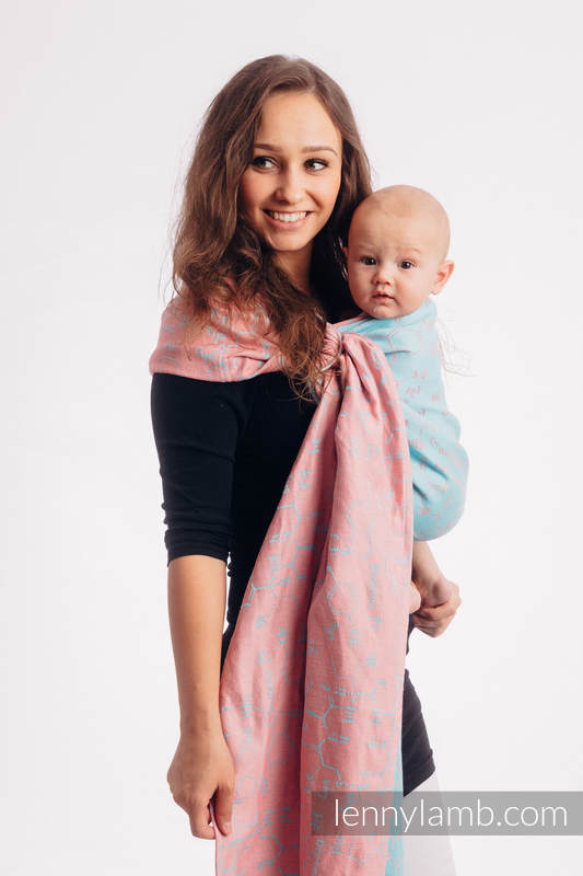 Ringsling, Jacquard Weave, with gathered shoulder (47% cotton, 37% linen, 16%  silk) - LOVE HORMONES - PINK RIVER - long 2.1m #babywearing