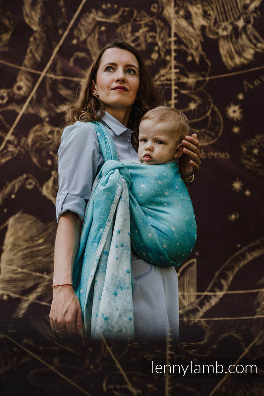 Żakardowa chusta do noszenia dzieci, 96% bawełna, 4% przędza metalizowana - MIGOCZĄCE GWIAZDY - PERSEIDY - rozmiar S #babywearing