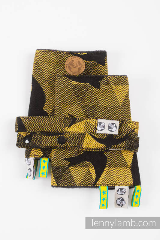 Drool Pads & Reach Straps Set, (Outer fabric - 96% cotton, 4% metallised yarn; Lining - 100% polyester) - SWALLOWS BLACK GOLD #babywearing