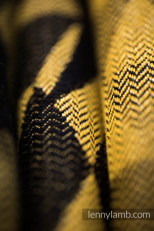 Fascia portabebè, tessitura Jacquard (96% cotone, 4% filato metallizzato) - SWALLOWS BLACK GOLD - taglia S #babywearing