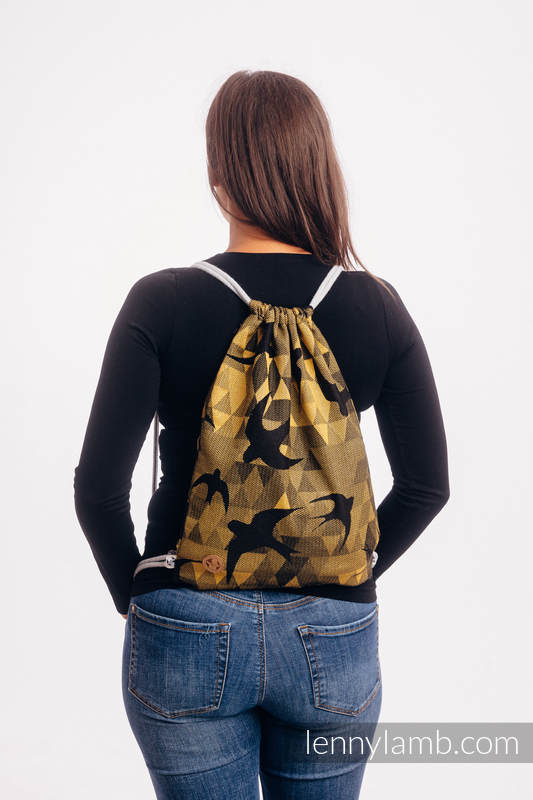 Sackpack made of wrap fabric (96% cotton, 4% metallised yarn) - SWALLOWS BLACK GOLD - standard size 32cmx43cm #babywearing