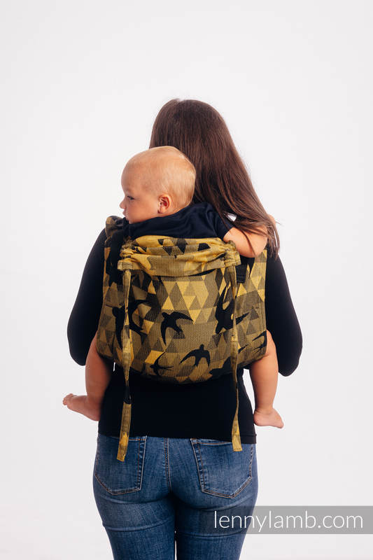 Lenny Buckle Onbuhimo baby carrier, toddler size, jacquard weave (96% cotton, 4% metallised yarn) - SWALLOWS BLACK GOLD #babywearing