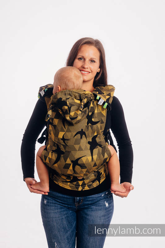 LennyGo Ergonomische Tragehilfe, Größe Toddler, Jacquardwebung, 96 % Baumwolle, 4% metallisiertes Garn - SWALLOWS BLACK GOLD #babywearing