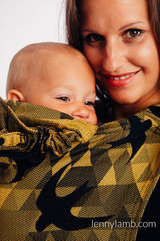 LennyGo Ergonomic Carrier, Toddler Size, jacquard weave 96% cotton, 4% metallised yarn - SWALLOWS BLACK GOLD #babywearing