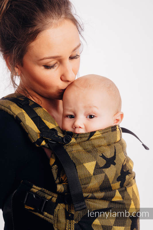 Porte-bébé LennyUpGrade, taille standard, jacquard 96% coton, 4% fil métallisé, SWALLOWS BLACK GOLD #babywearing