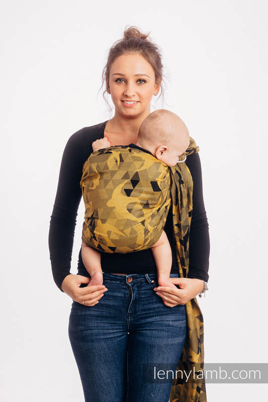 Żakardowa chusta kółkowa do noszenia dzieci, 96% bawełna, 4% przędza metalizowana, ramię bez zakładek - JASKÓŁKI CZARNE ZŁOTO - long 2.1m #babywearing