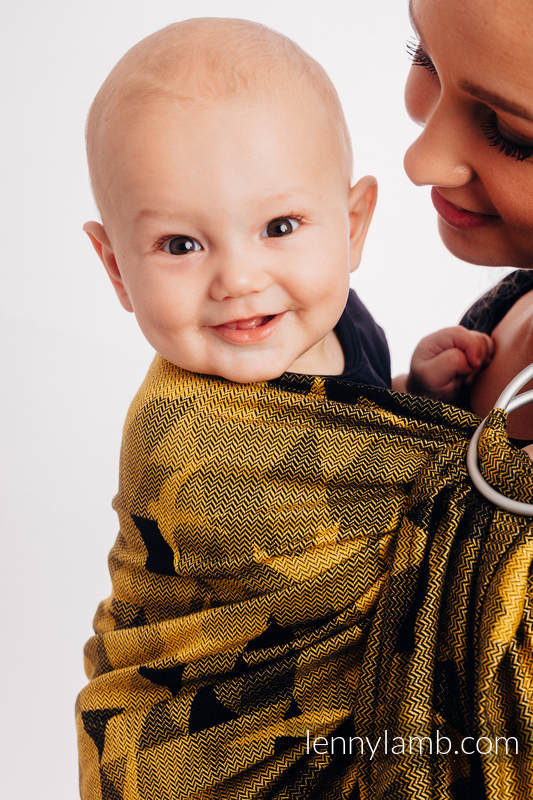 Żakardowa chusta kółkowa do noszenia dzieci, 96% bawełna, 4% przędza metalizowana, ramię bez zakładek - JASKÓŁKI - CZARNE ZŁOTO - standard 1.8m #babywearing