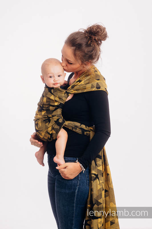 Baby Wrap, Jacquard Weave (96% cotton, 4% metallised yarn) - SWALLOWS BLACK GOLD - size M #babywearing