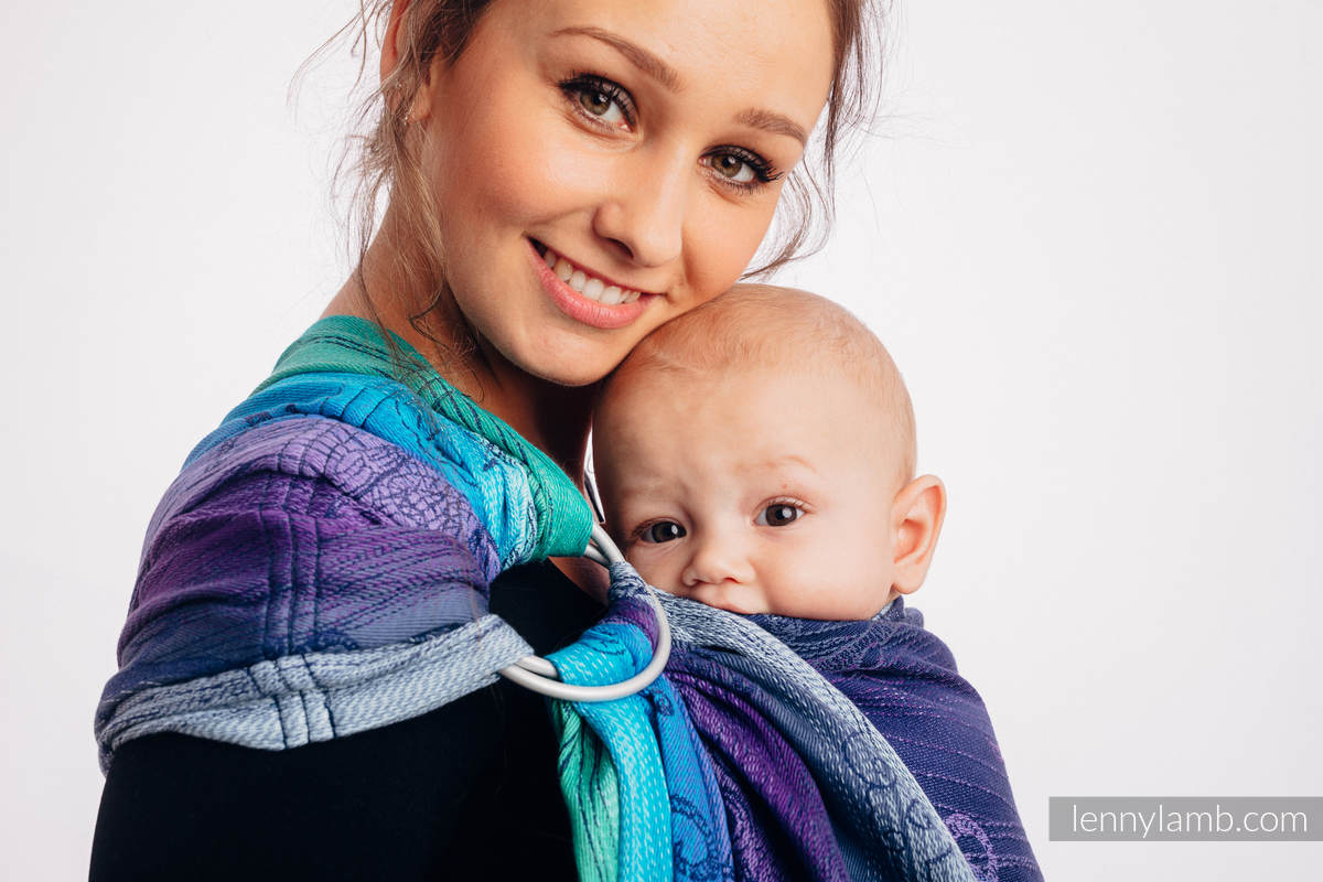 Żakardowa chusta kółkowa do noszenia dzieci, (100% bawełna), ramię bez zakładek - SOWY BUBO - ZMROK - long 2.1m #babywearing