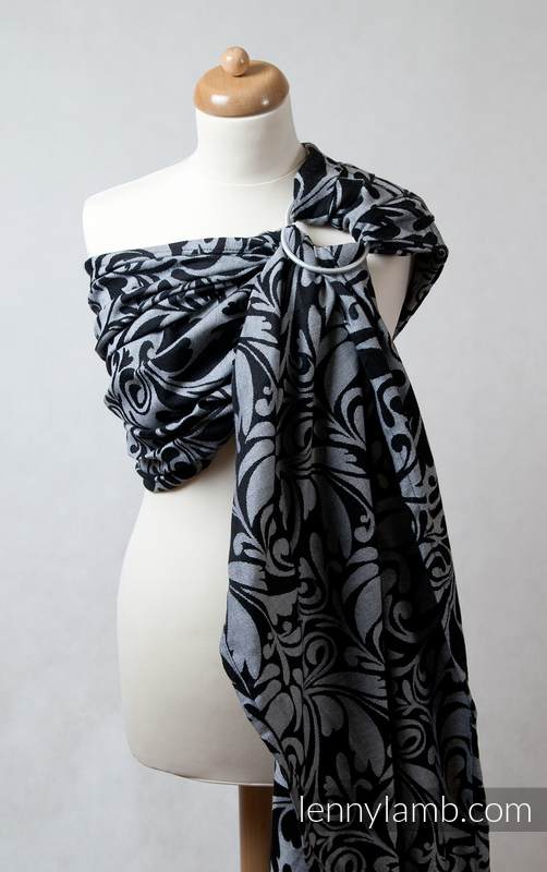 Ringsling, Jacquard Weave (100% cotton), with gathered shoulder - Twisted Leaves Black & White - long 2.1m (grade B) #babywearing