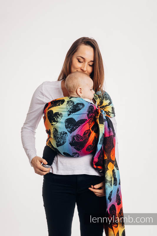 Żakardowa chusta kółkowa do noszenia dzieci, bawełna, ramię bez zakładek - LOVKA TĘCZOWA DARK - long 2.1m #babywearing