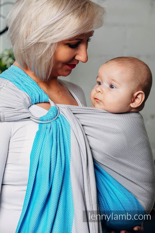 Moja pierwsza chusta kółkowa do noszenia dzieci, tkana splotem jodełkowym, bawełna, ramię bez zakładek - MAŁA JODEŁKA LARIMAR - long 2.1m #babywearing