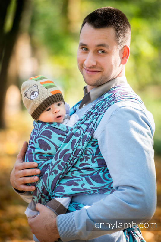 Żakardowa chusta do noszenia dzieci, bawełna - Zakręcone Liście Turkus z Purpurą - rozmiar S (drugi gatunek) #babywearing