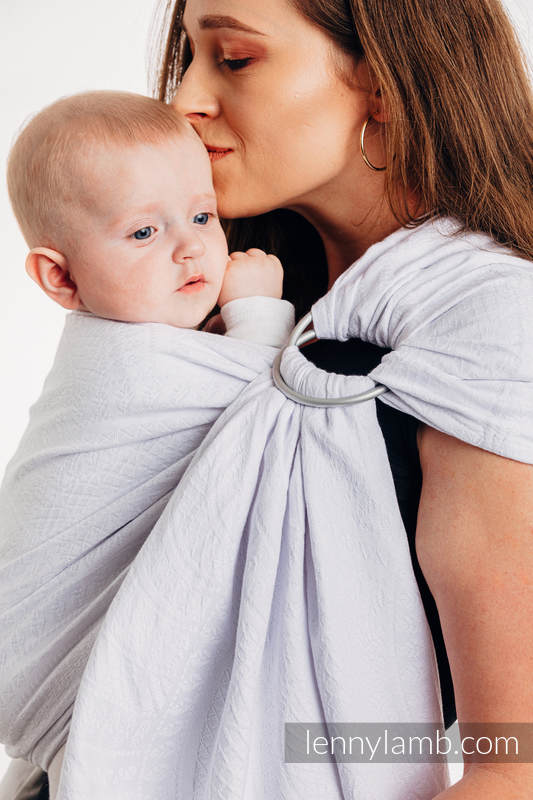 Ringsling, Jacquard Weave (100% cotton) - with gathered shoulder - PEACOCK’S TAIL - BLANCO - long 2.1m #babywearing