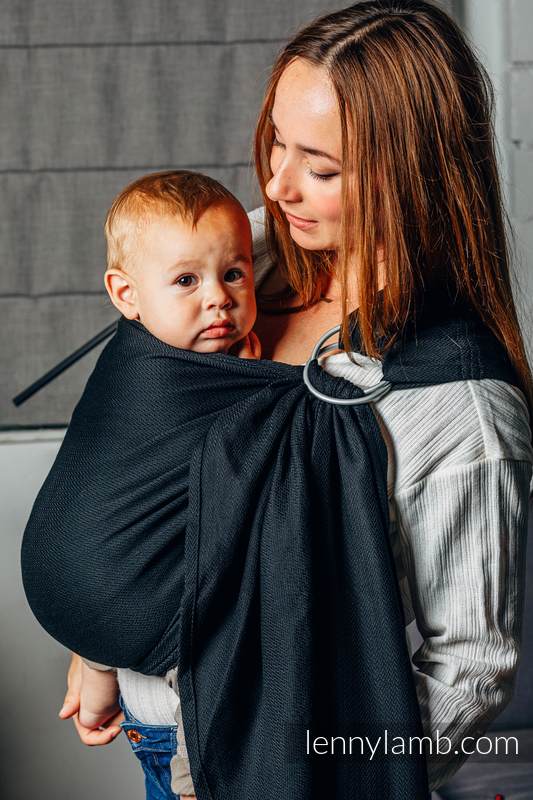 Chusta kółkowa do noszenia dzieci, tkana splotem jodełkowym, bawełna, ramię bez zakładek - MAŁA JODEŁKA CZARNY HEBAN - long 2.1m #babywearing