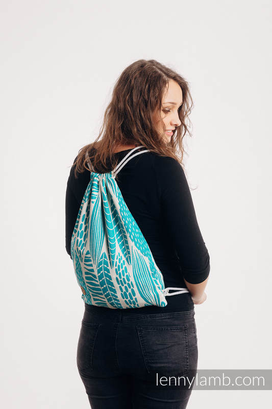 Sac à cordons en retailles d’écharpes (100% coton) - SKETCHES OF NATURE - SEA GREEN - taille standard 32 cm x 43 cm #babywearing