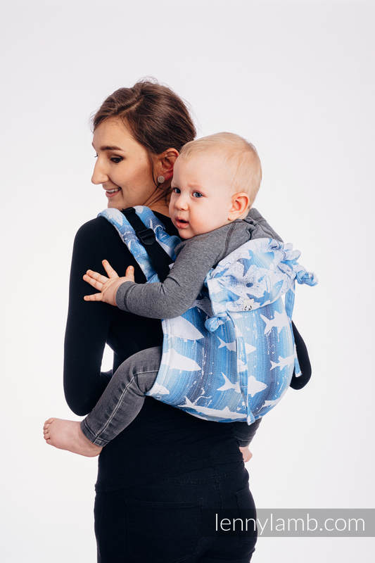 Nosidło Klamrowe ONBUHIMO z tkaniny żakardowej (100% bawełna), rozmiar Toddler - FISH'KA WIELKI BŁĘKIT  #babywearing