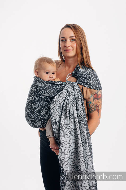 Ringsling, Jacquard Weave, with gathered shoulder (100% linen) - LOTUS - BLACK - long 2.1m #babywearing