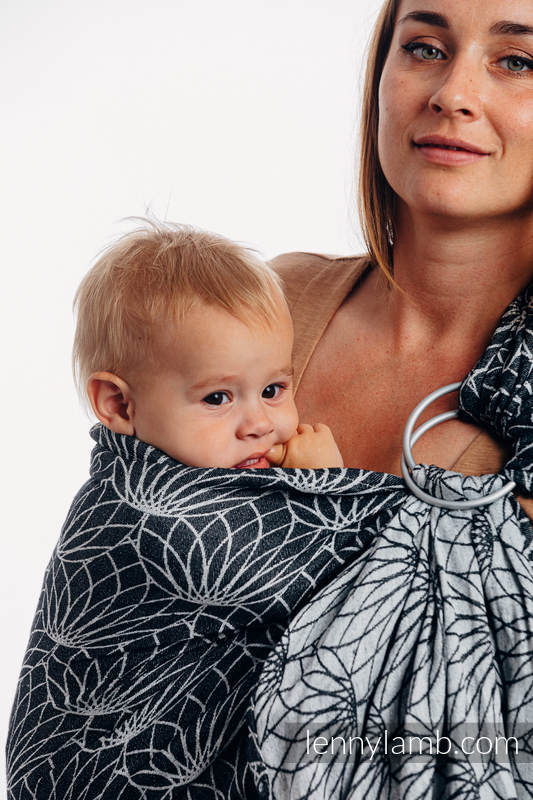 Żakardowa chusta kółkowa do noszenia dzieci, 100% len, ramię bez zakładek - LOTOS - CZARNY - long 2.1m #babywearing